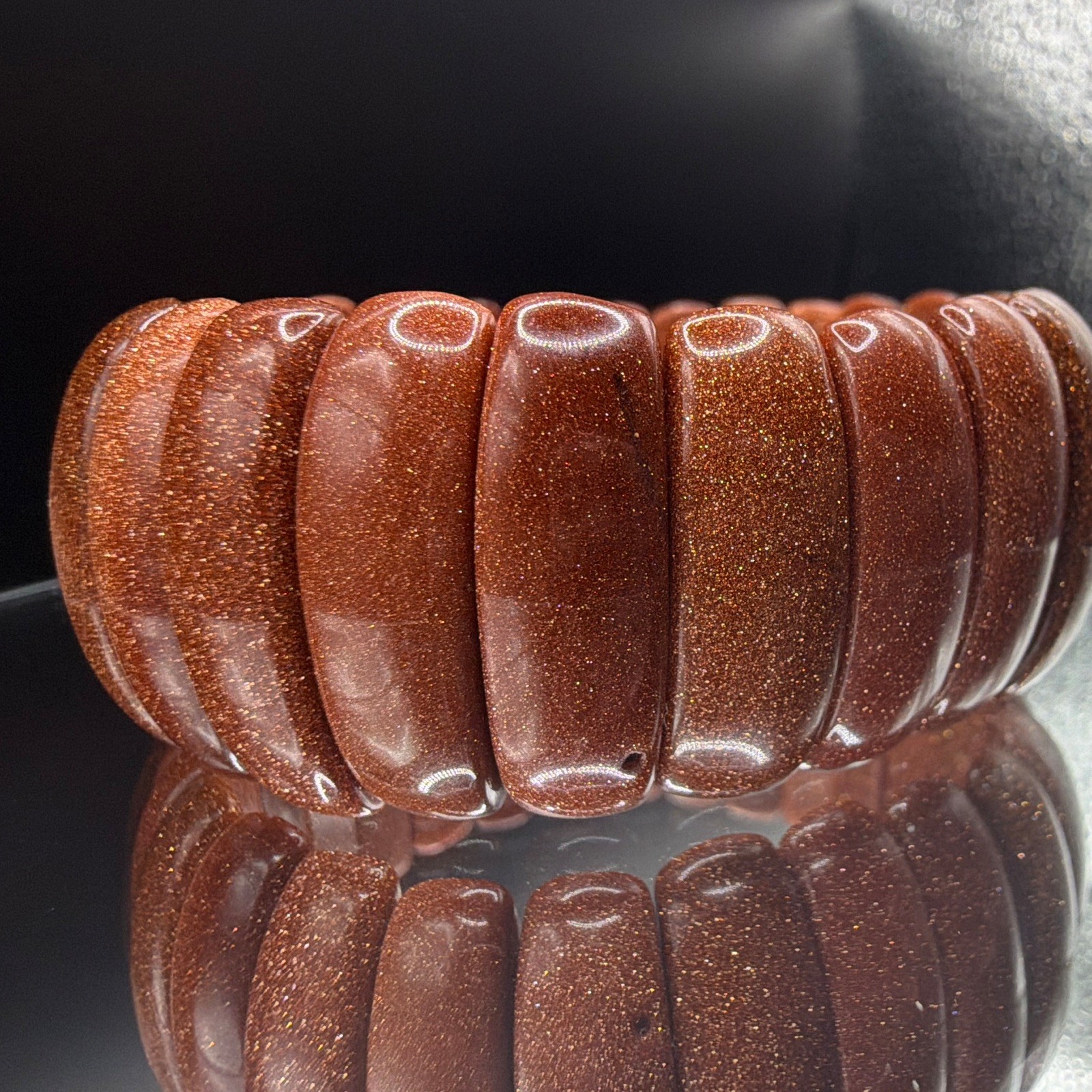 Brown Goldstone Stone Stretch Beaded Bracelet, Rectangle Brown Main Stone