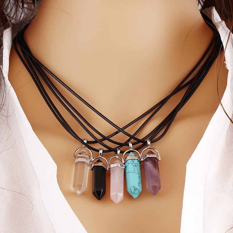 Crystal Stone Healing Pointed Chakra Pendant Hexagonal Quartz Necklace with Rope