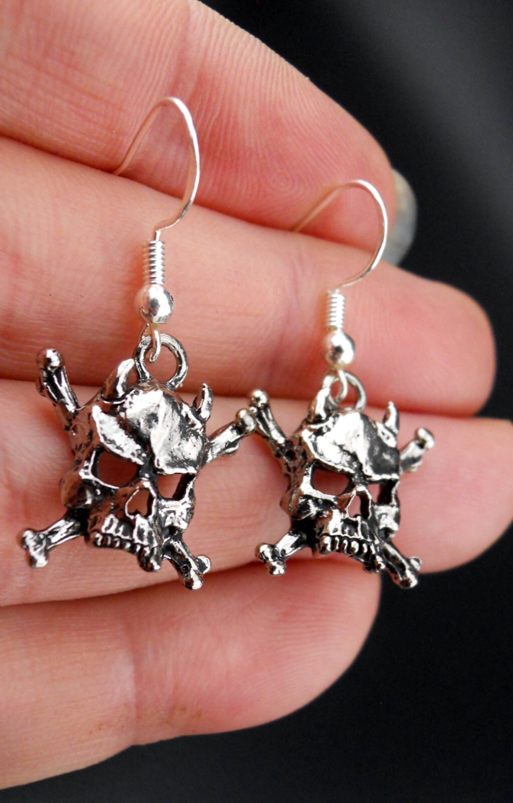 Devil Skull CrossBones Earrings Sterling Silver Ear Wires Demon Skulls Vintage