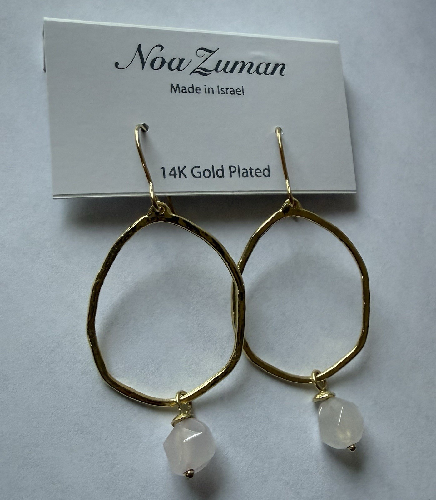 NOA ZUMAN Made In Israel 14K Gold Plated Rose Quartz Hoop Earrings