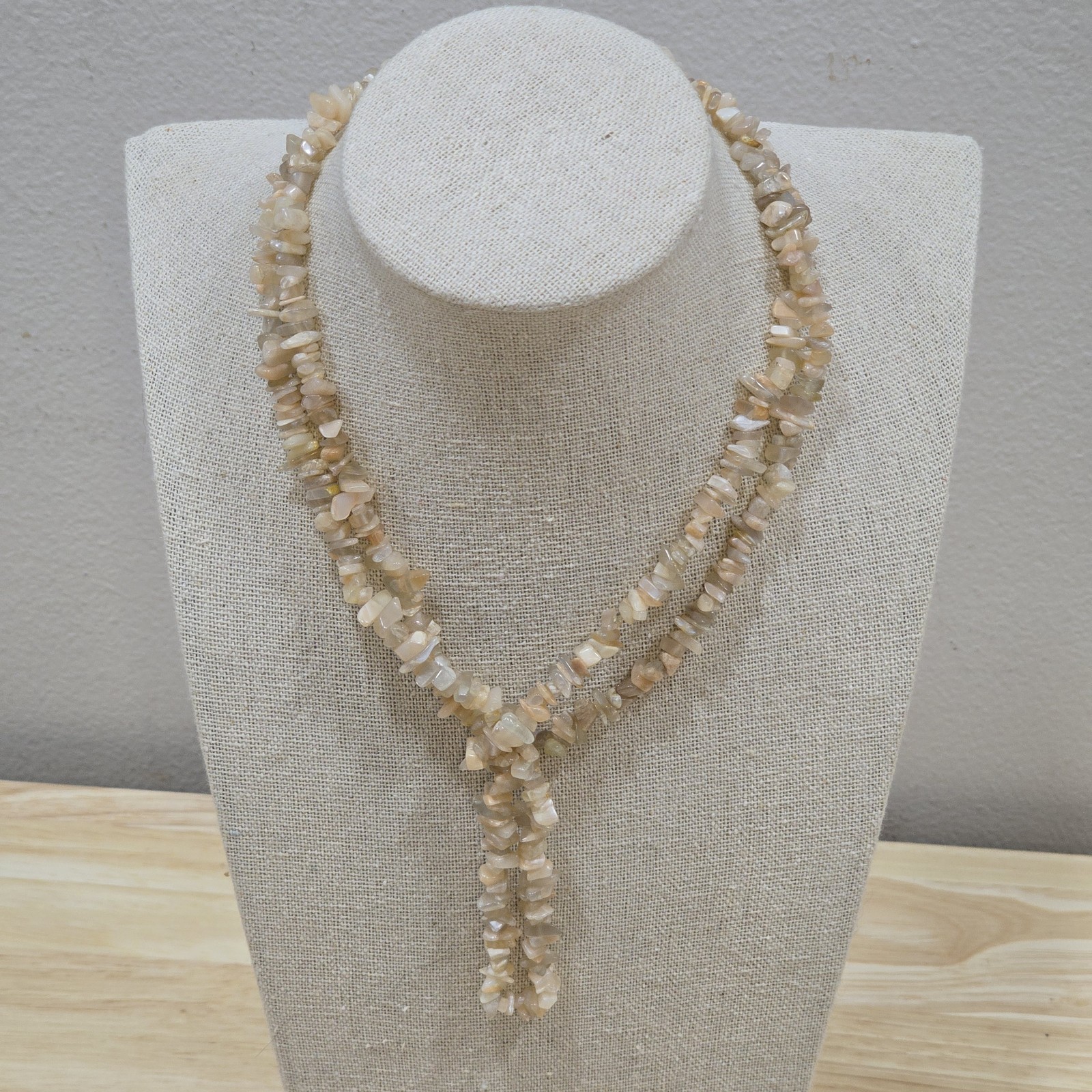 Light Peach Neutral Tones Natural Stone 35″ Beaded Necklace Coastal Beachcore