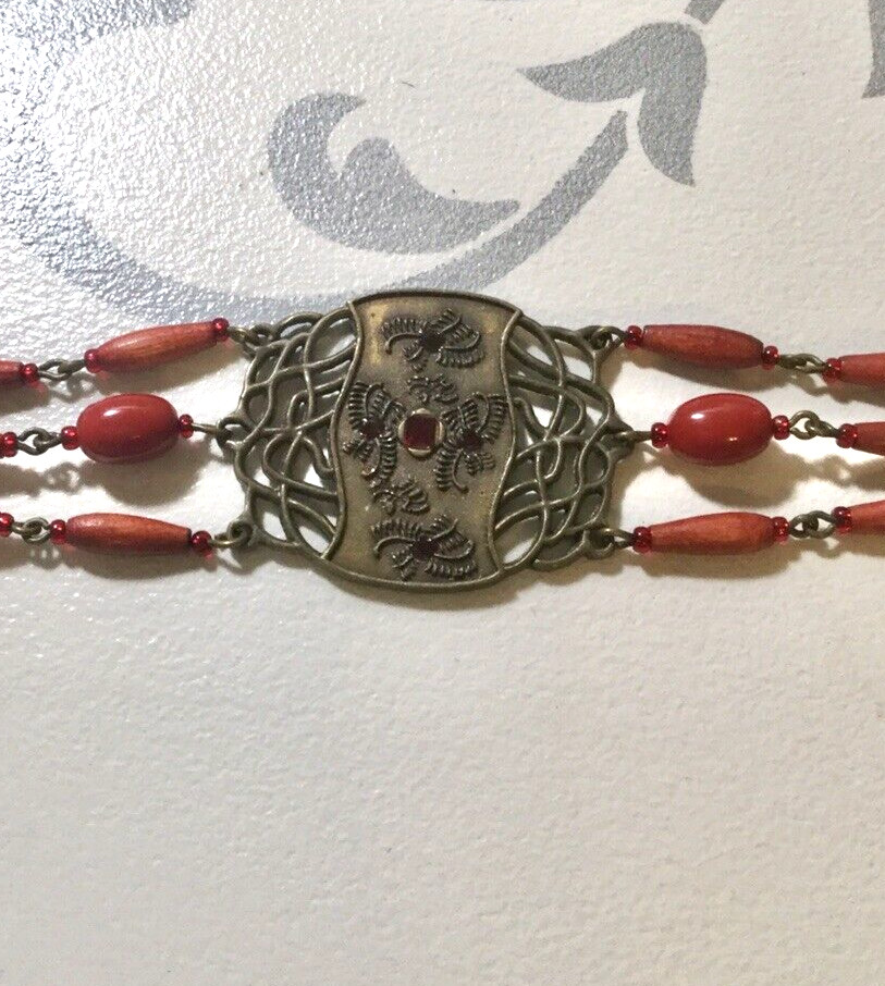Womens Red Wood Bead Bracelet Alloy Centerpiece Crystals Bronze Tone Boho Chic