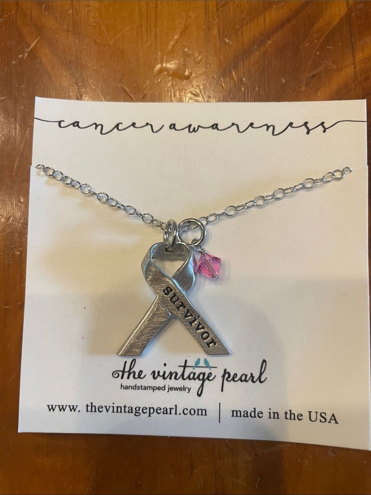 The Vintage Pearl Pink Survivor Ribbon Necklace
