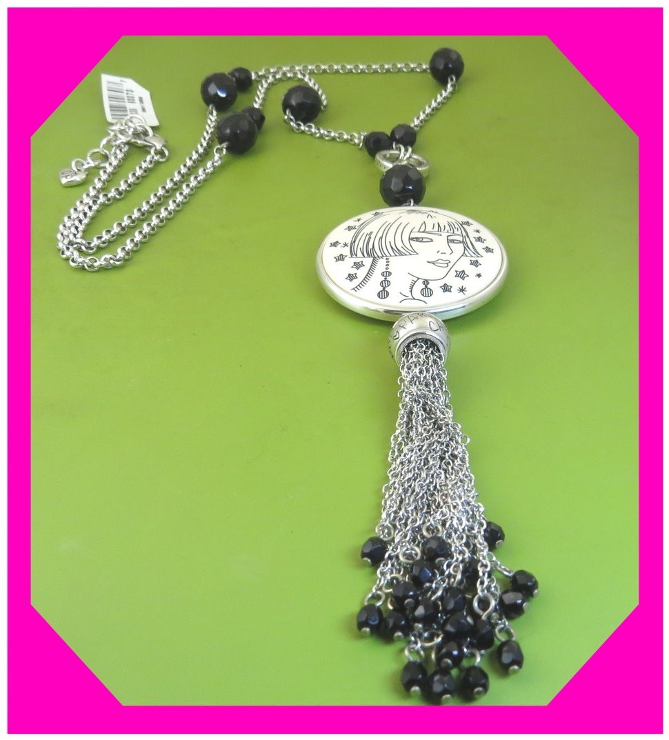 Brighton NANETTE Long Tassel Cream Black Silver Beaded NECKLACE $88 70%