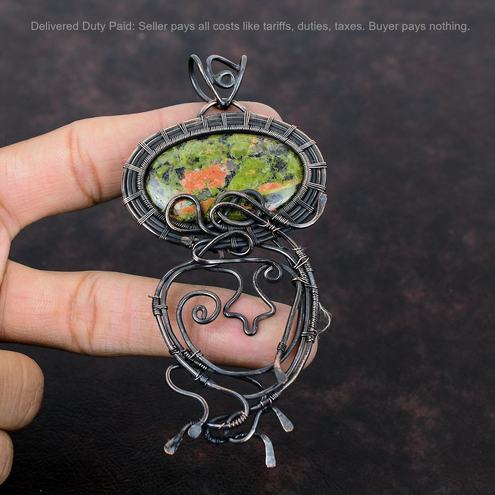 Halloween Sale Copper Natural Unakite Wire Wrapped Anniversary Daughter Pendant