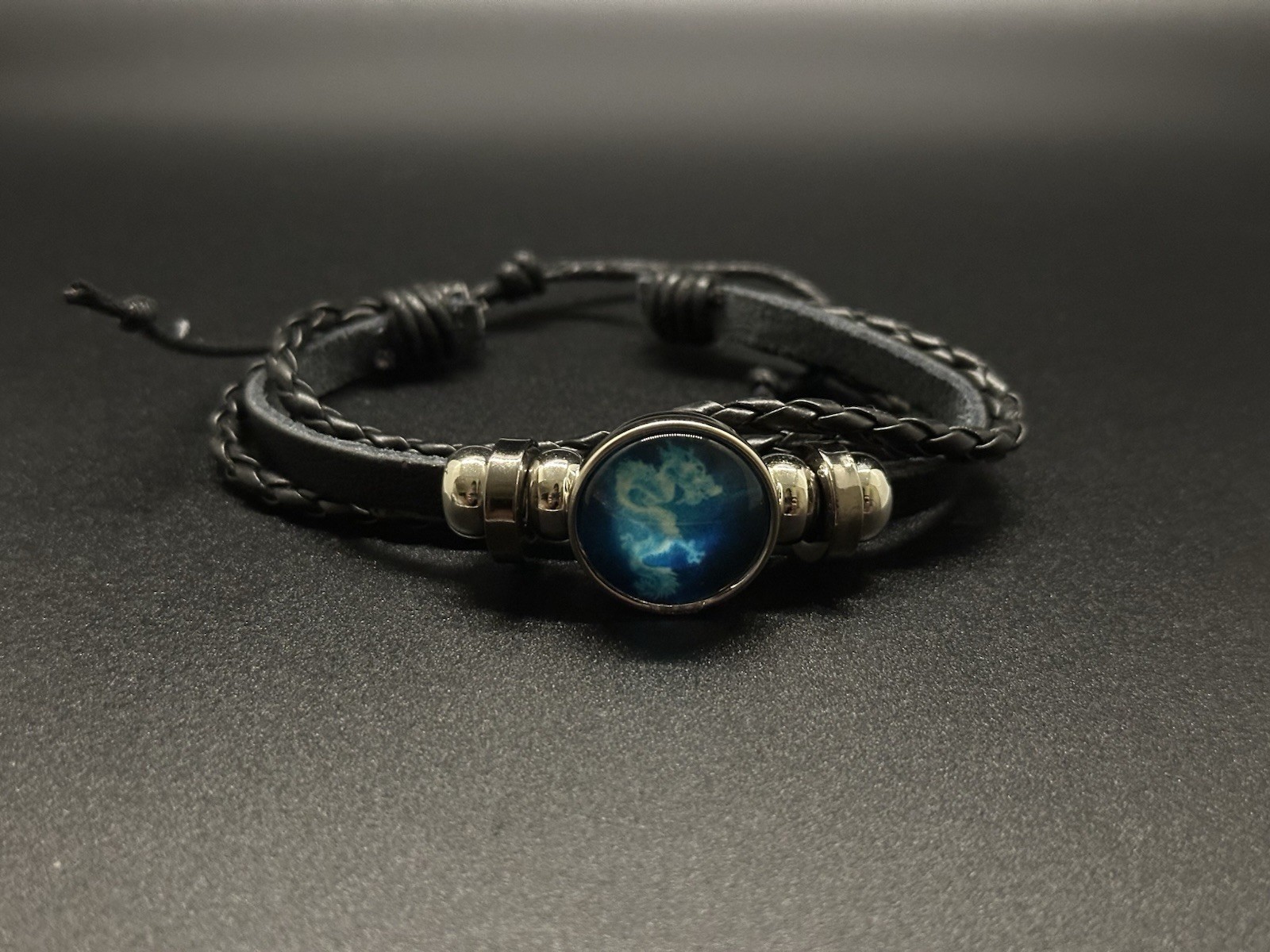 2 Protection Bracelets Glowing Dragon 🐉 Vegan Leather & Black Beads Men & Women