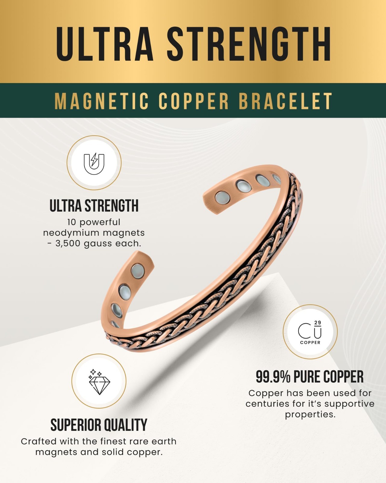 Adjustable Copper Magnetic Bracelet for Men & Women – Woven Inlay Cuff Bangle