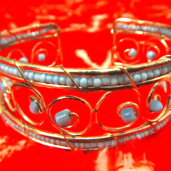 Silver Filigree Wire 1″ Cuff Bangle with Turquoise Color Blue Beads