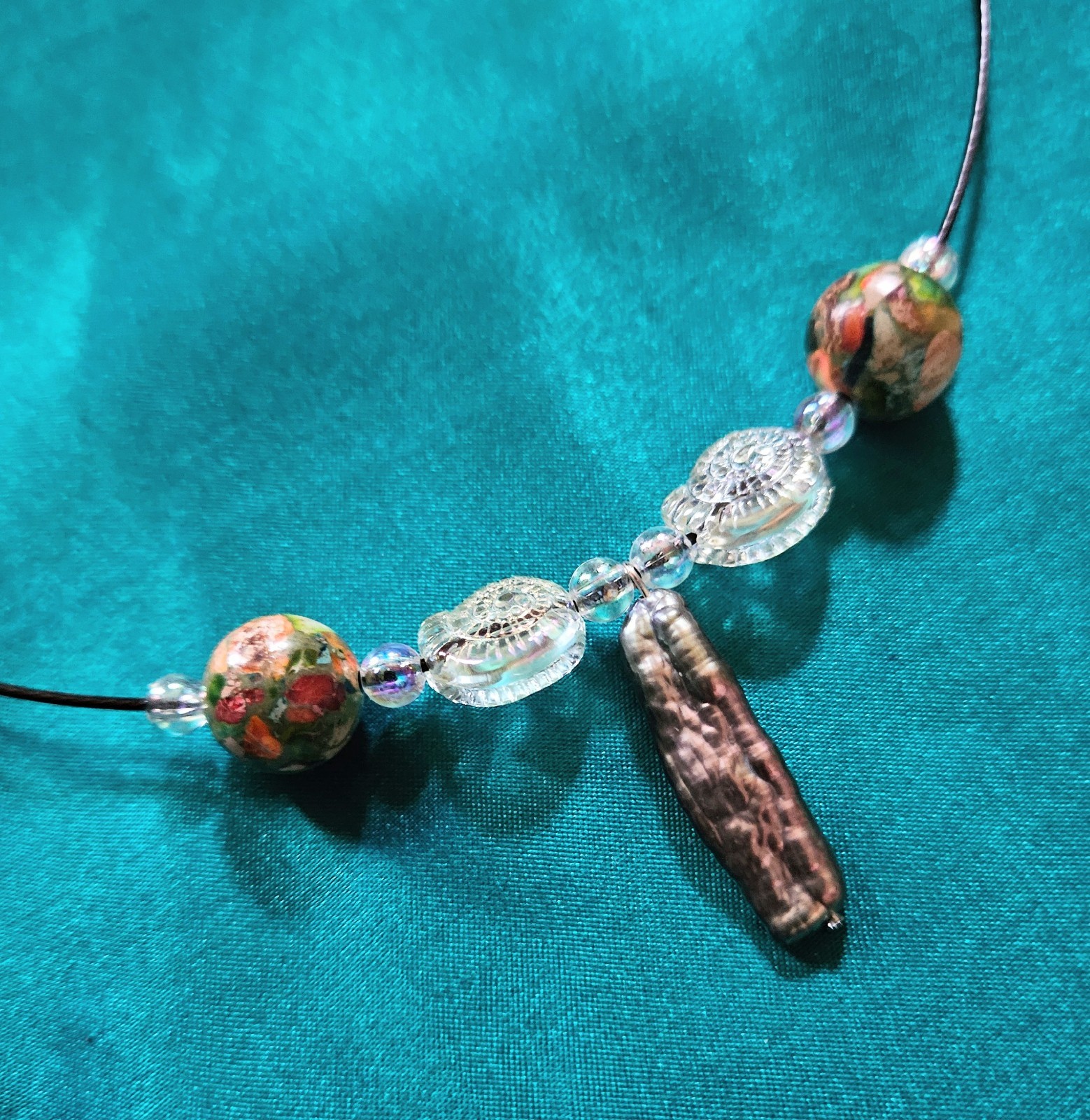 BigTimeRockShow Sea Treasure Real Biwa Pearl, Iridescent Glass Nautilus, Jasper