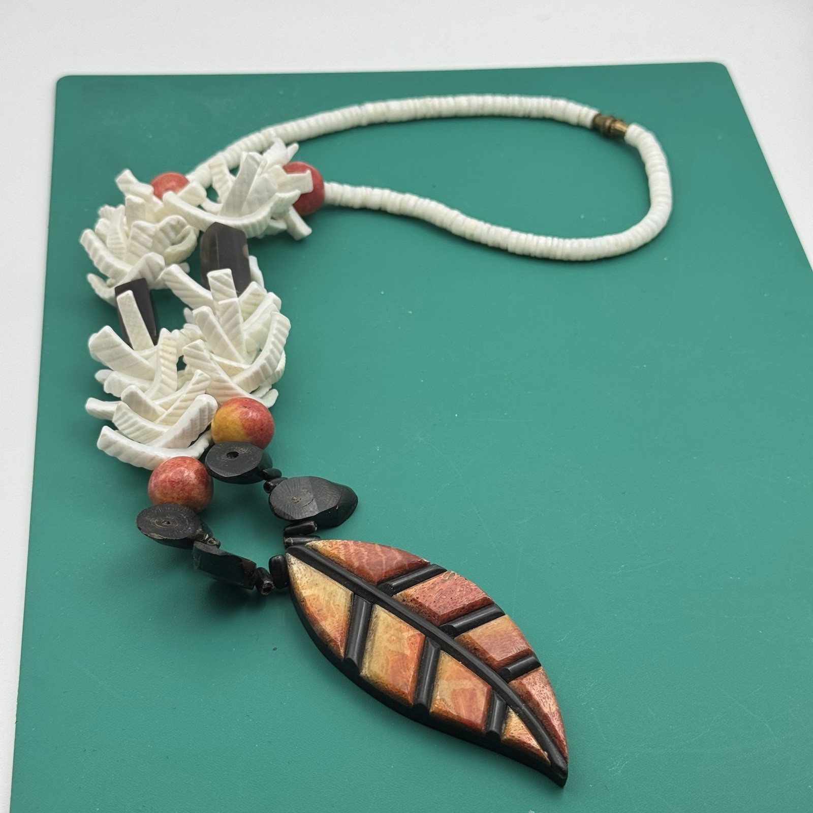 Tribal Island Inspired Necklace Plastic Resin Faux Shells Beads Leaf Pendant