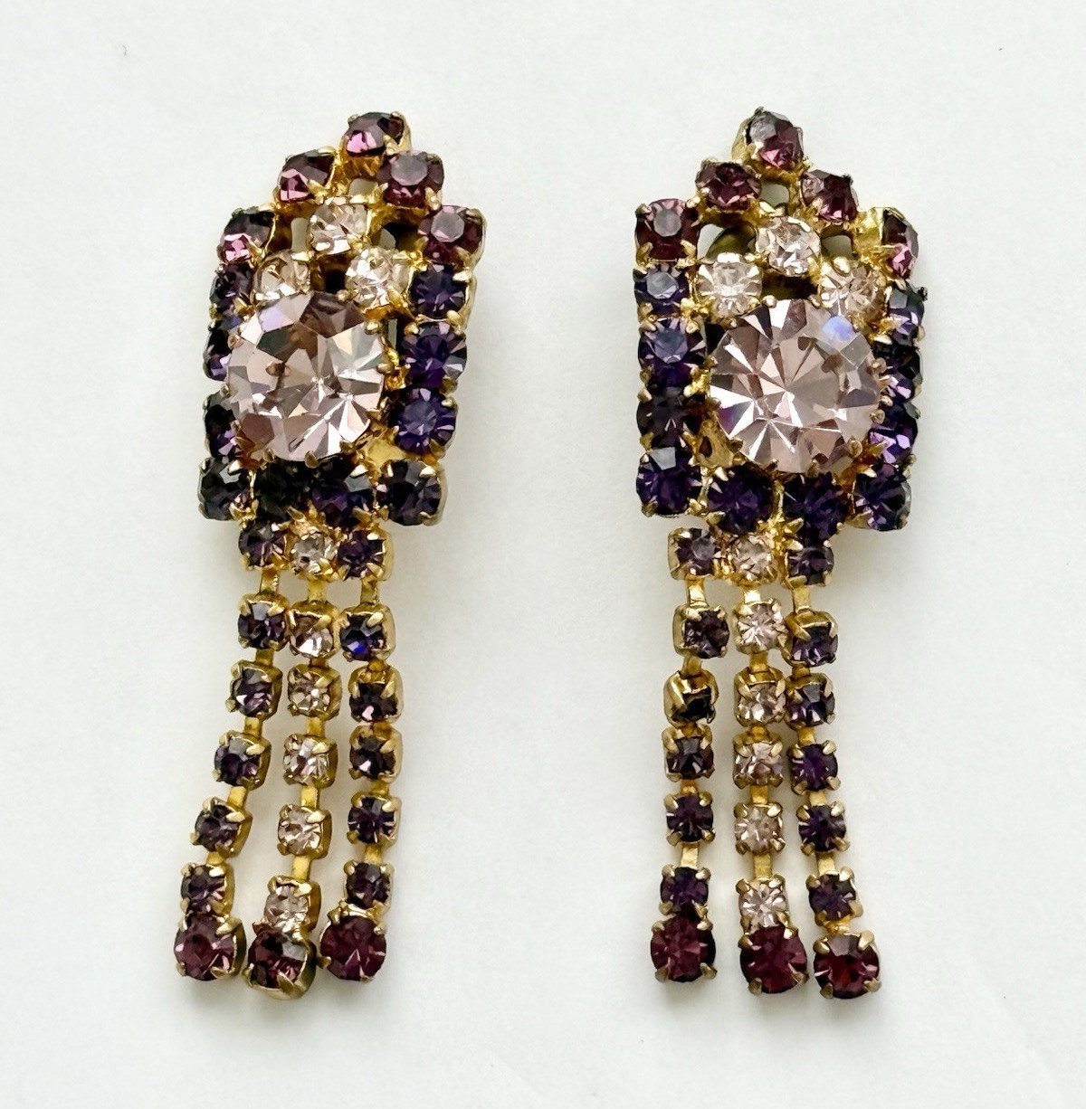 Vintage Austrian Crystal Rhinestone Gold Tone Pink Purple Clip-On Dangle 2in