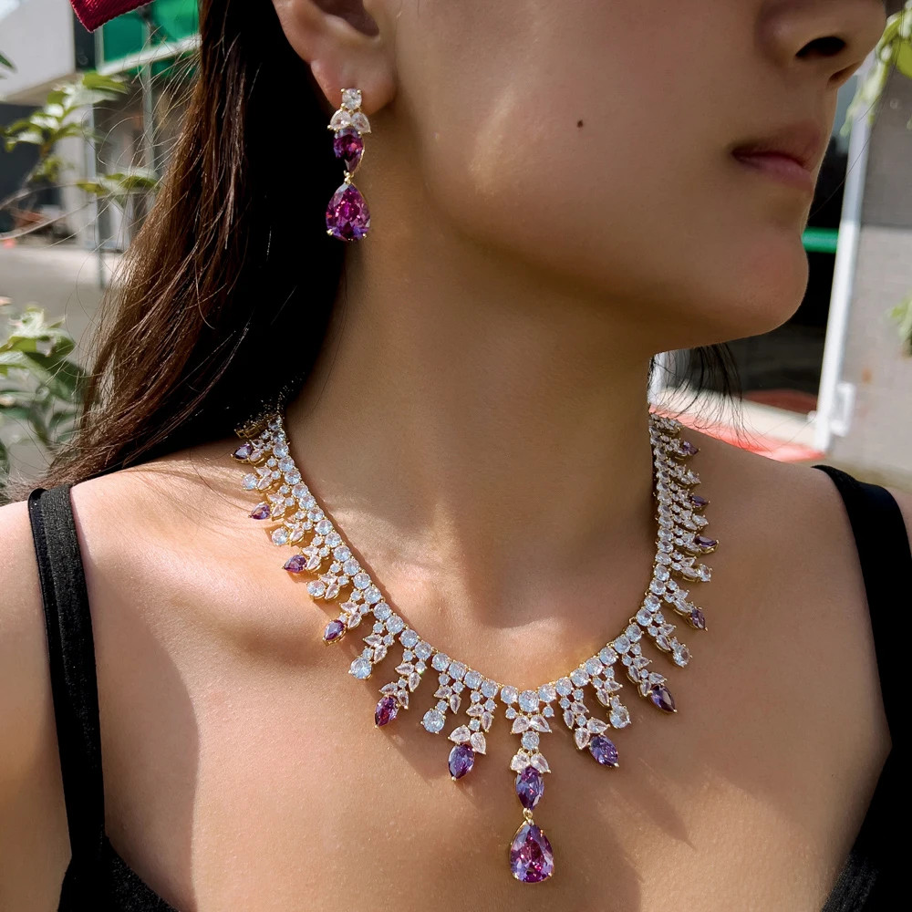 Luxury Gold Plated Purple CZ Wedding Necklace Pageant Bridal Jewelry Sets