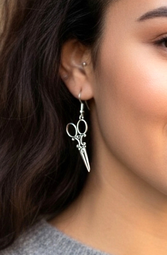 3.25” Long, Silver Tone Fun Lightweight Scissors Dangling Hook Earrings Hip Hop