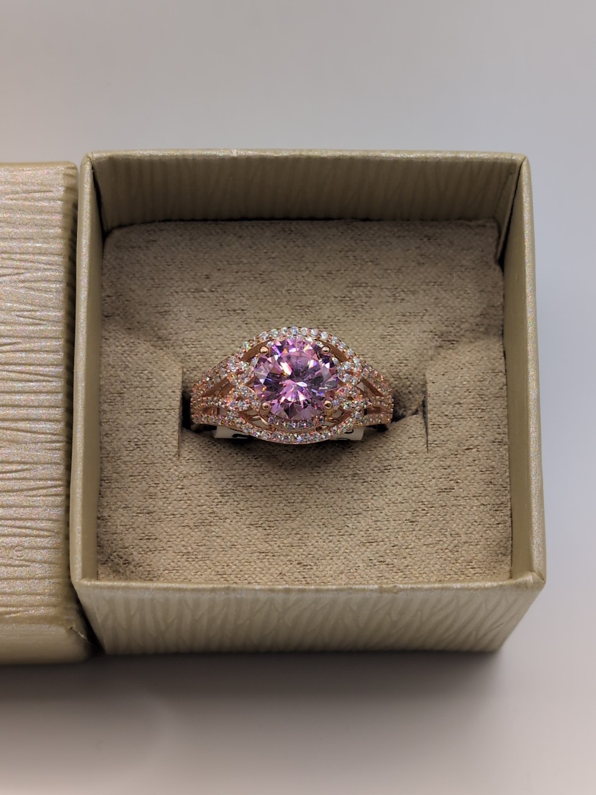 Stunning JTV Eterno Pink Rose/Diamond Simulant Rose Gold/Sterling Ring Size 12