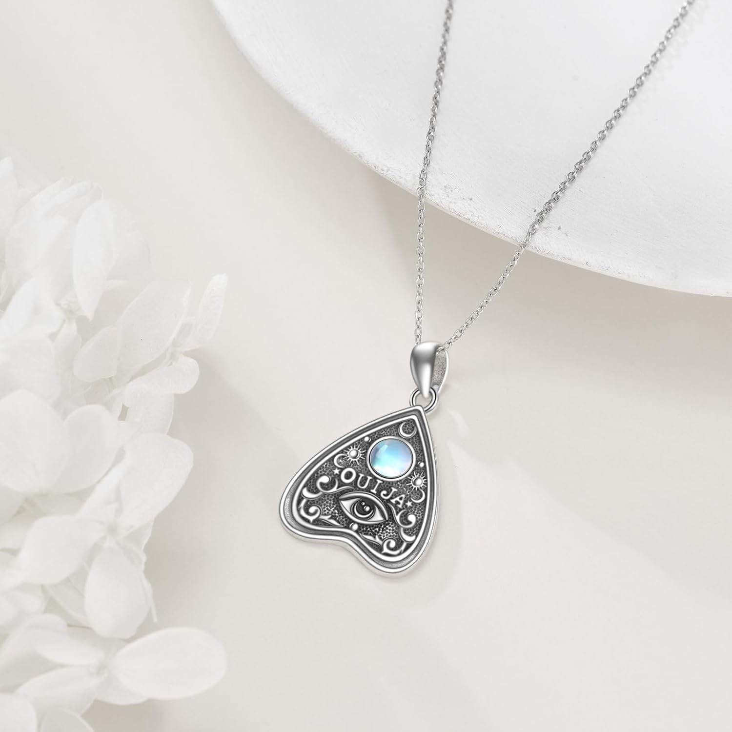 Sterling Silver Ouija Board Planchette Pendant Moonstone Necklace