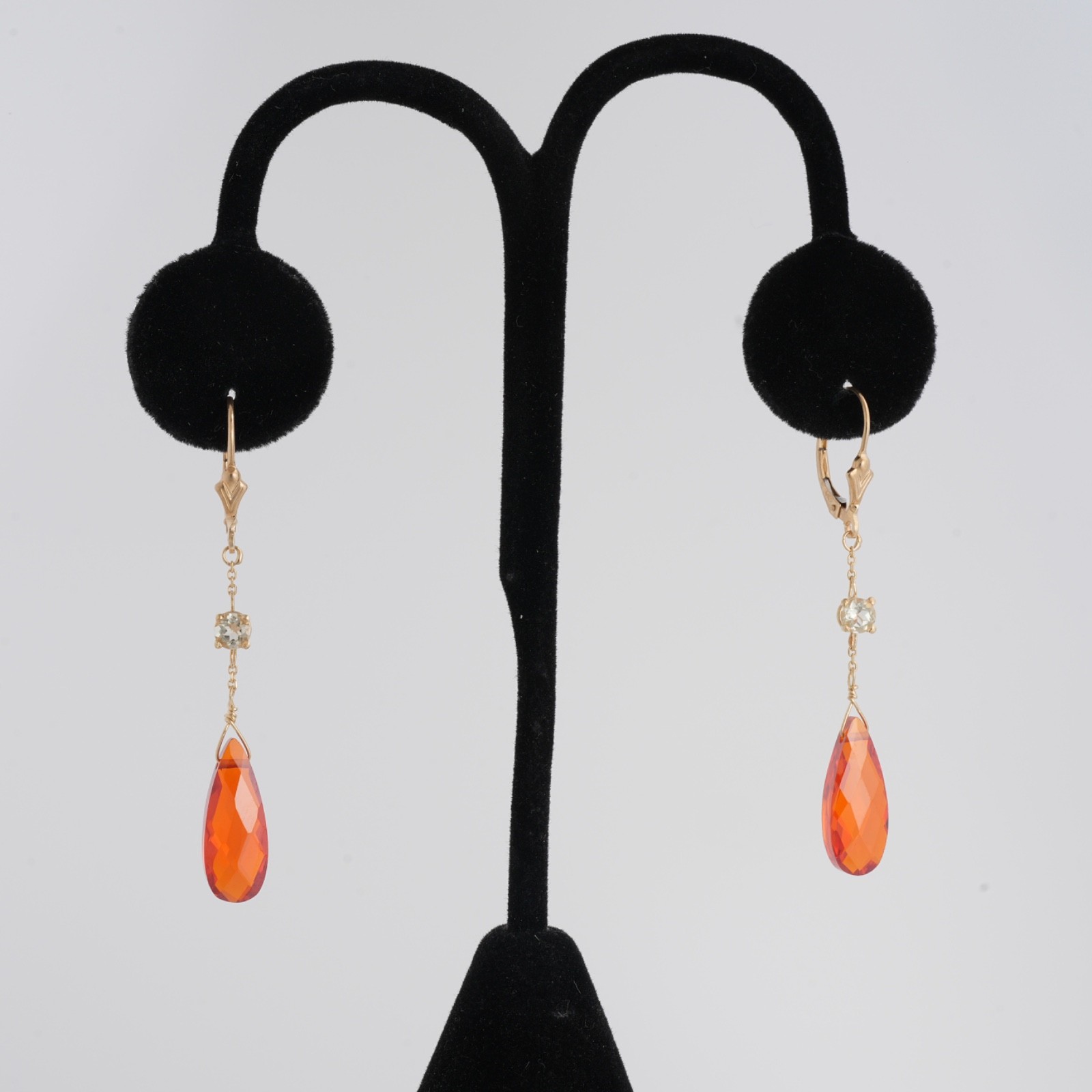 14K Gold Briolette Earrings Dangle Drop Faceted Red Orange Stones 2.25″ drop
