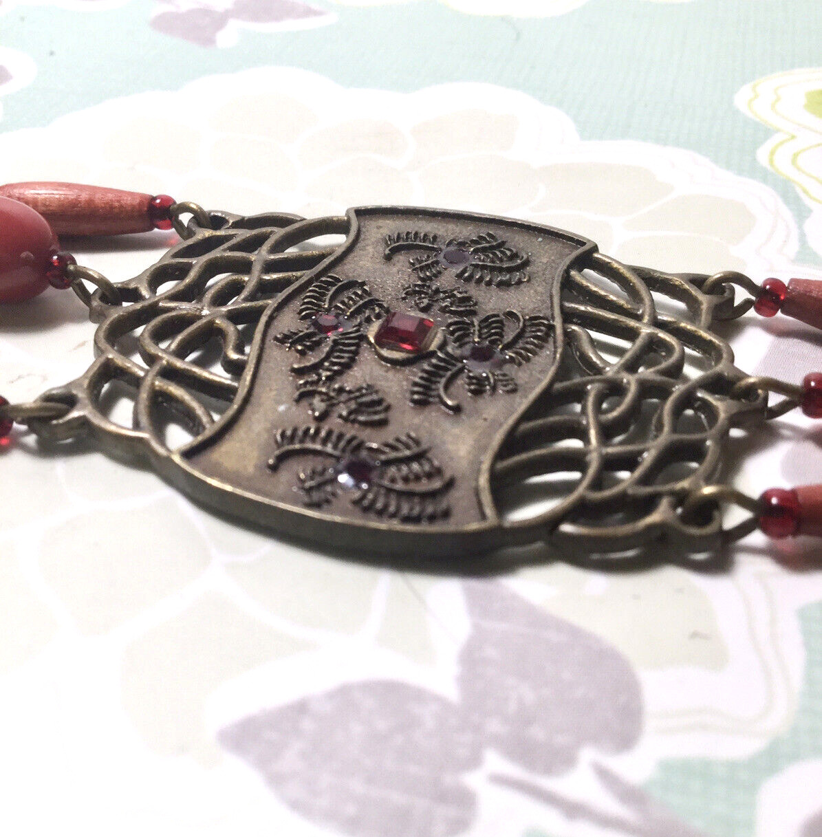 Womens Red Wood Bead Bracelet Alloy Centerpiece Crystals Bronze Tone Boho Chic