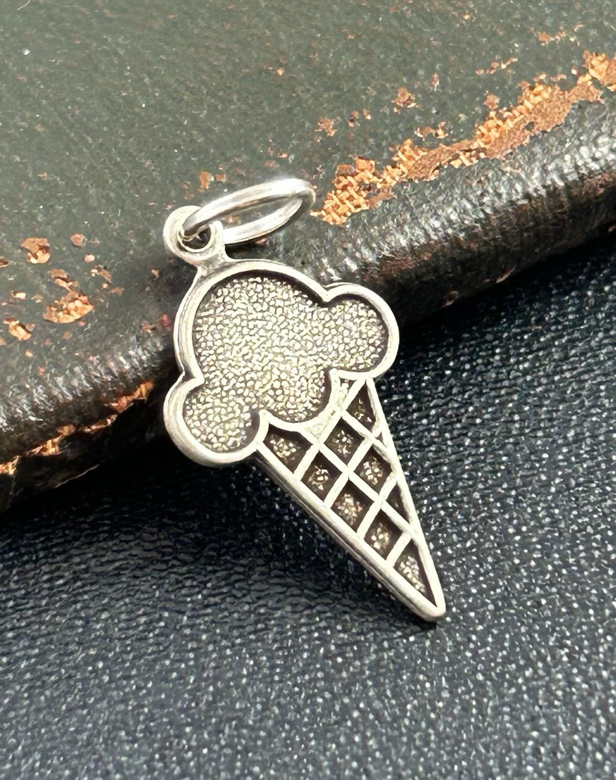 Ice Cream Cone Charm Dessert Pendant Novelty Antiqued Silver Plated Brass
