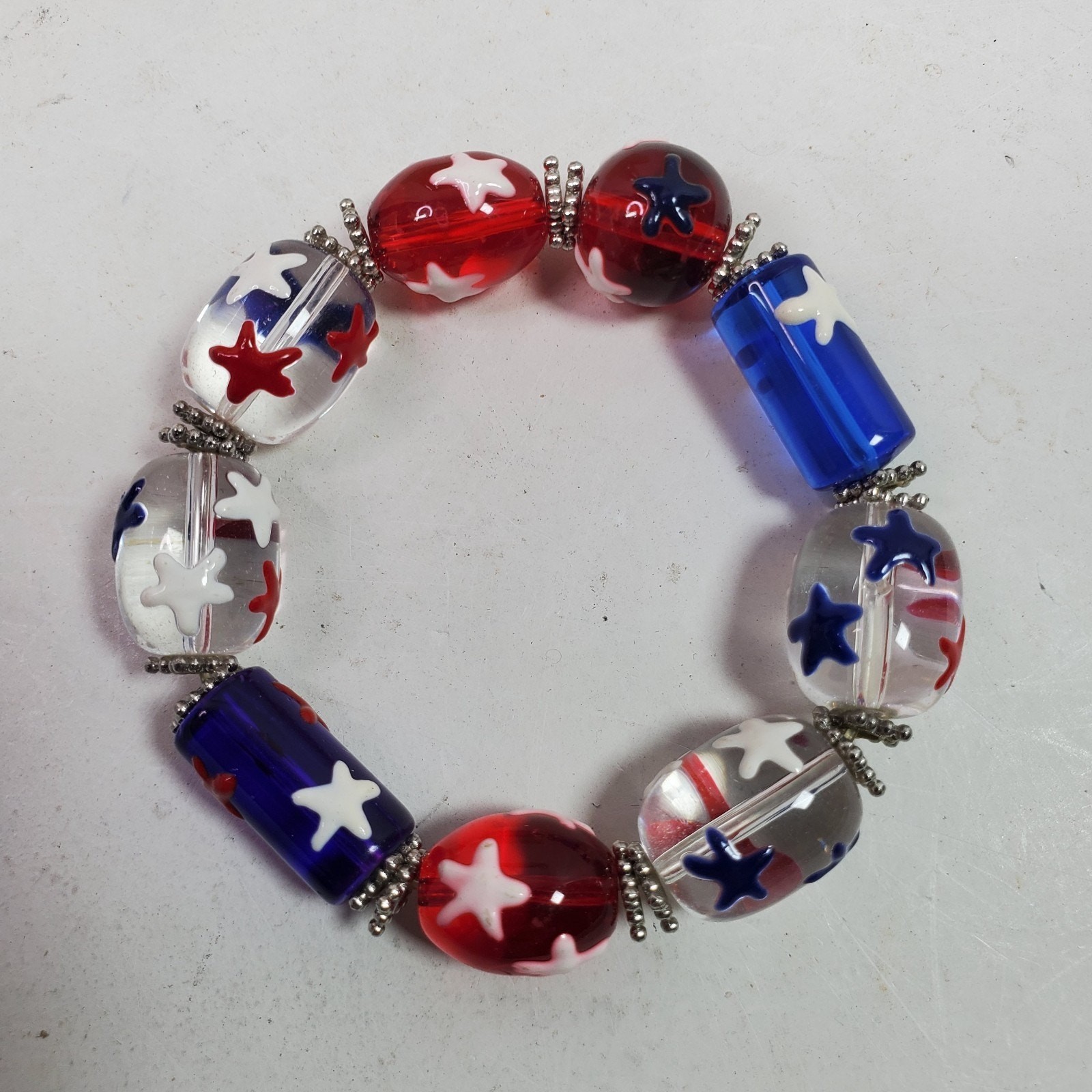 Patriotic Casual Career Stretchy Bracelet Red White Blue Glass Beaded NOS