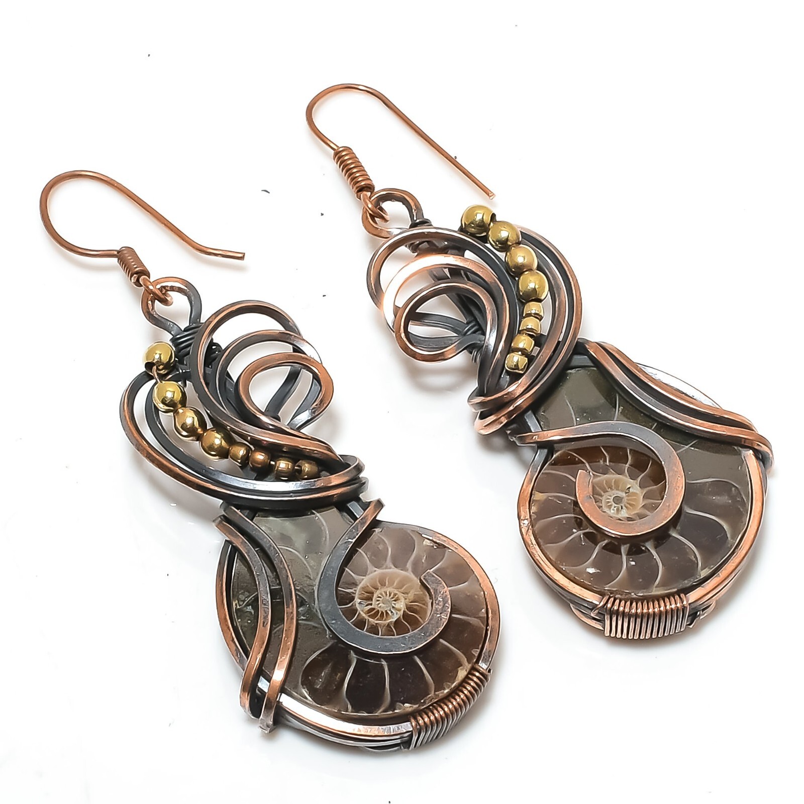 Ammonite Fossil Gemstone Earrings Copper Wire Wrap Handmade Earrings Jewelry