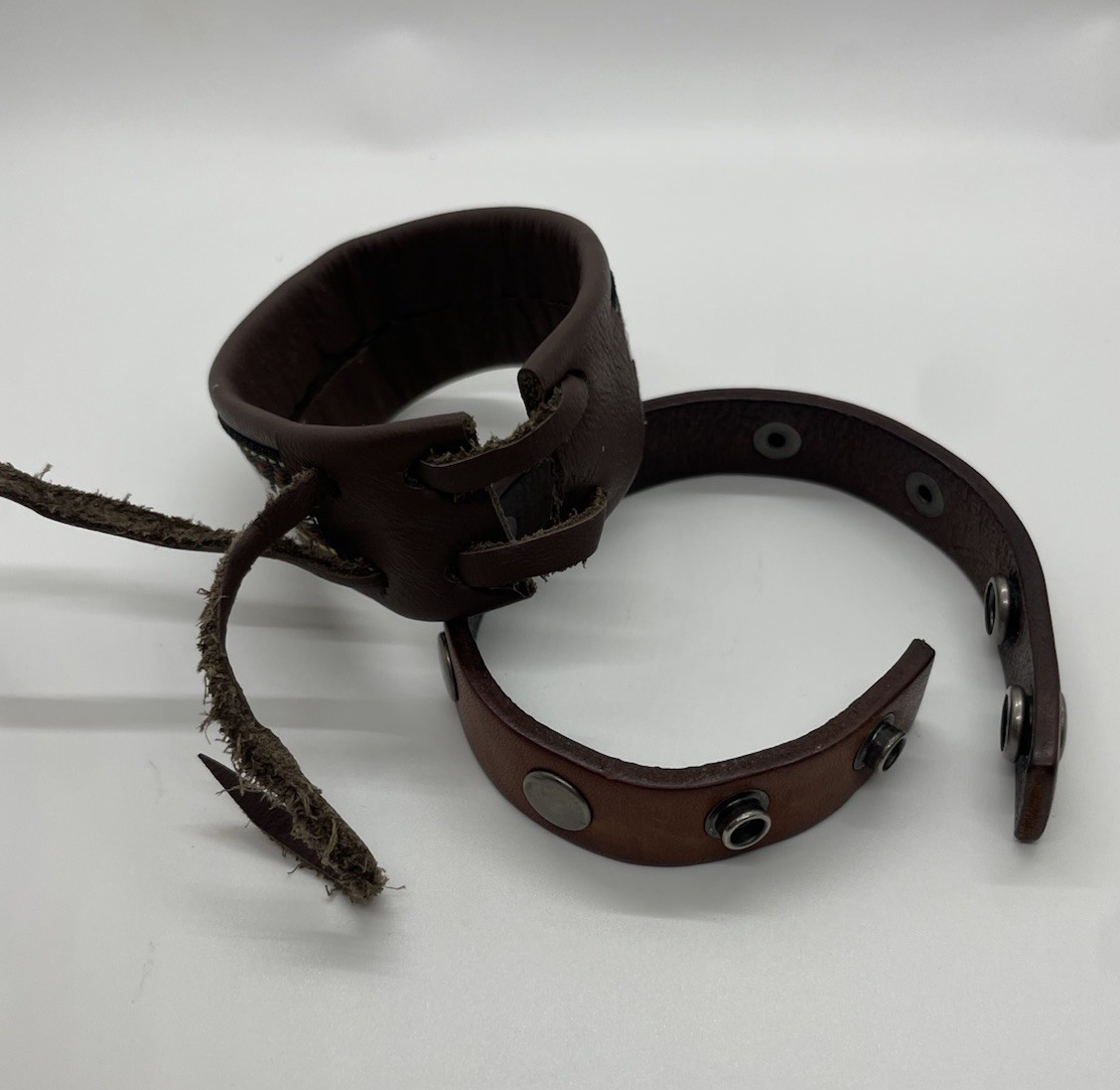 Lot of 2 Brown Leather Adjustable Cuff Bracelets Lace-Up Closure Made in Mexico