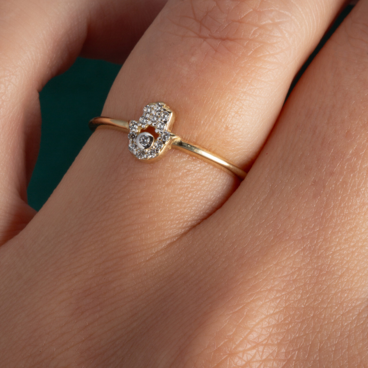 14K Yellow Gold Hamsa Hand Protection CZ Ring