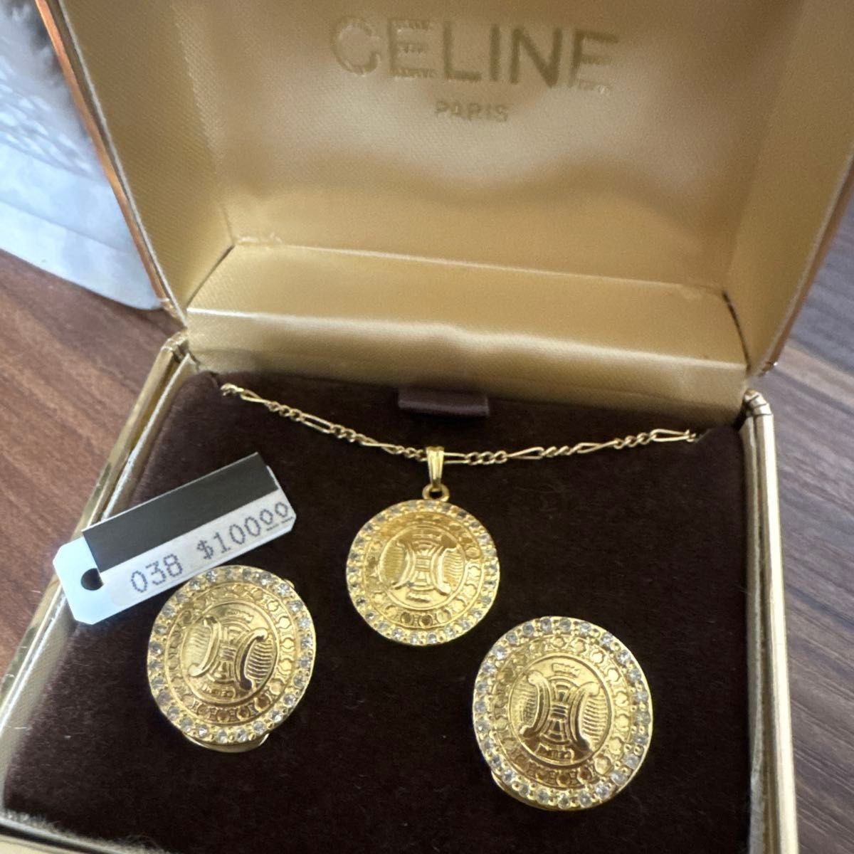 Vintage CELINE Triomphe Necklace Earrings Jewelry Set Gold Stone w/ Case