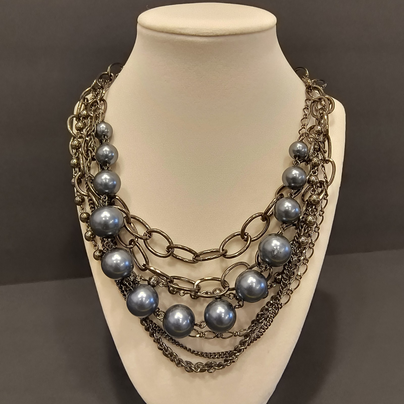 Simply Vera Wang 21″ Adjustable Gunmetal Gray Blue Beads Multi Chain Necklace