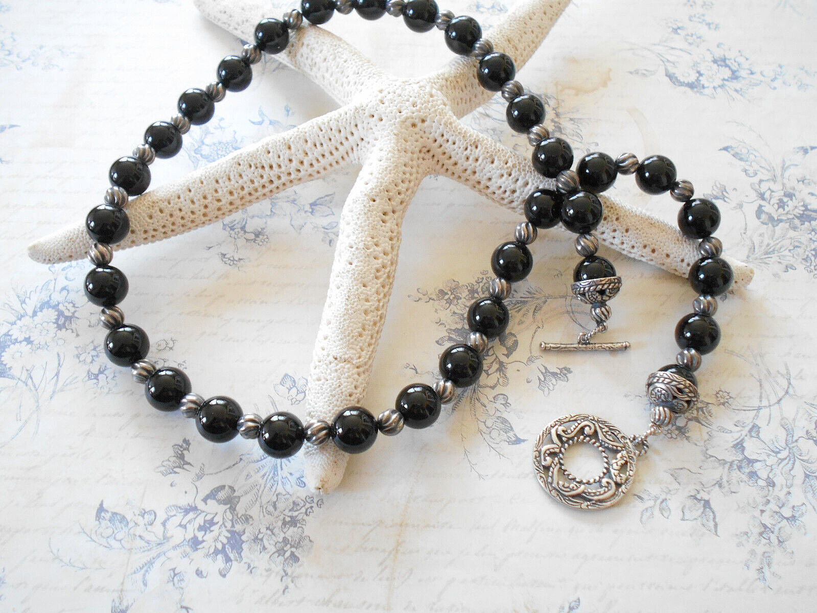 Carolyn Pollack Sterling 10.2 mm Black Onyx Beaded Necklace Toggle Clasp 49B83
