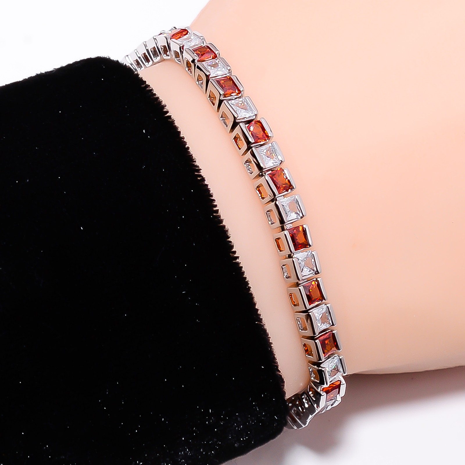 Red Garnet, CZ 925 Sterling Silver Adjustable Bracelet 7-8″ B13004