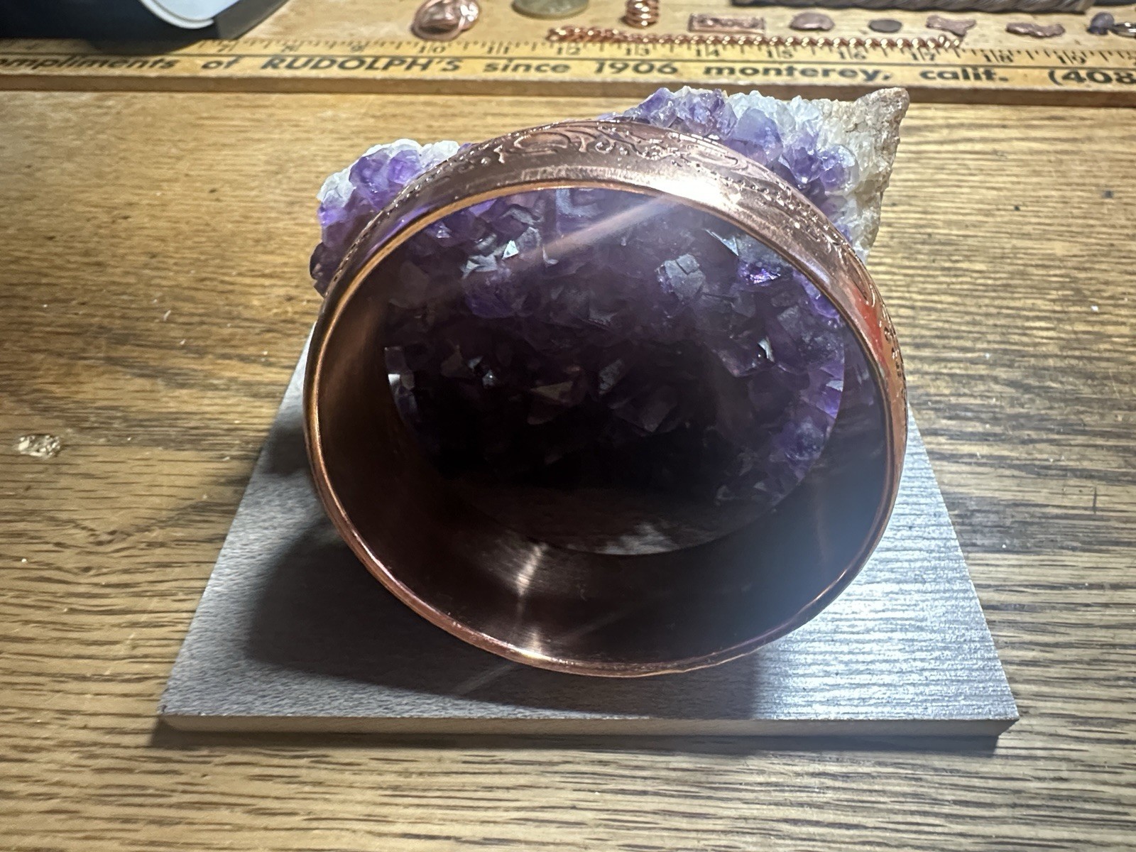 Solid Copper Bangle 7/8 Of An Inch wide. Will fit a 6 1/2 to 7 inch wrists.