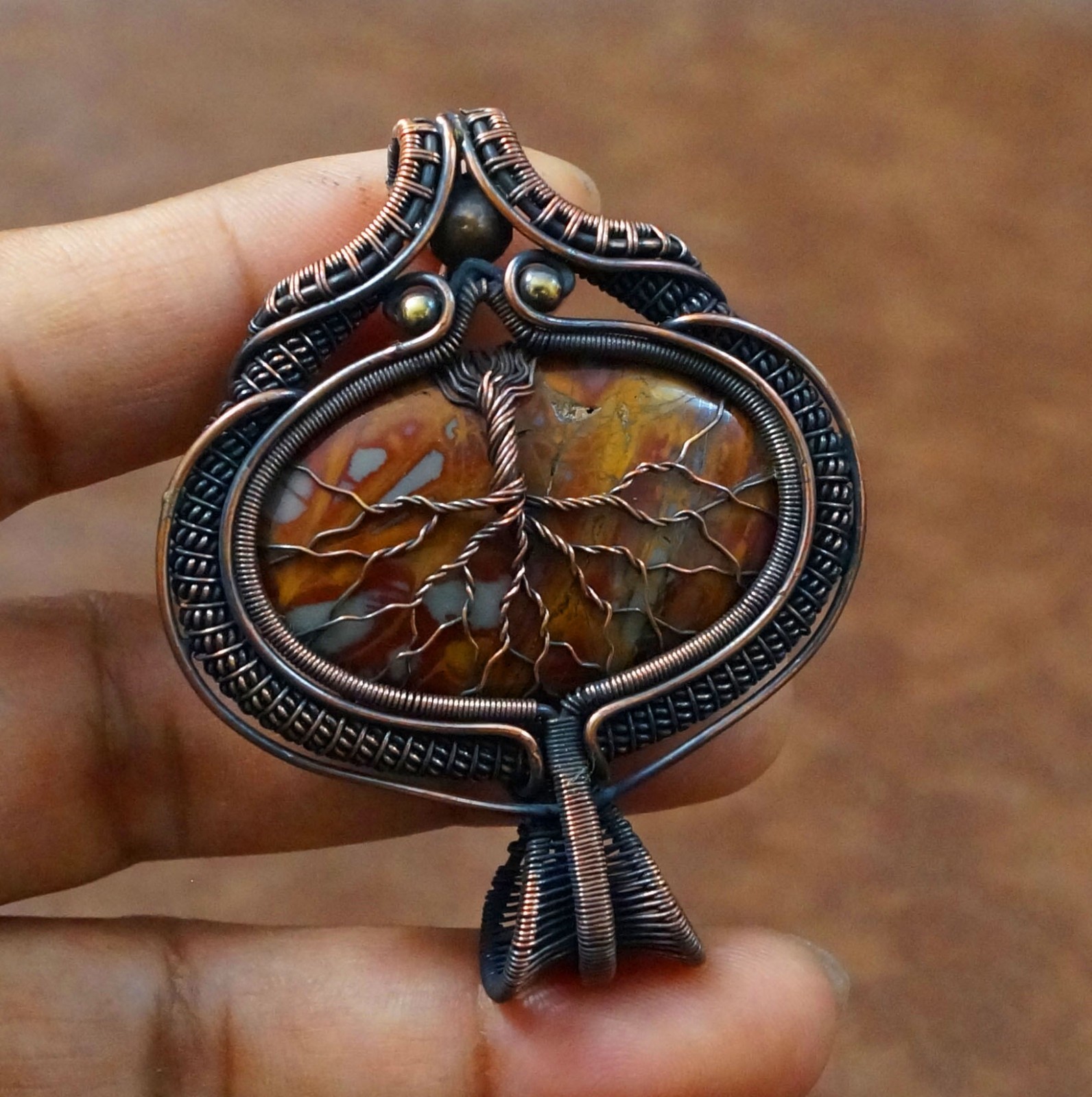 Brown Noreena Jasper Tree of life Copper Wire Pendant Handmade Jewelry (-PD62