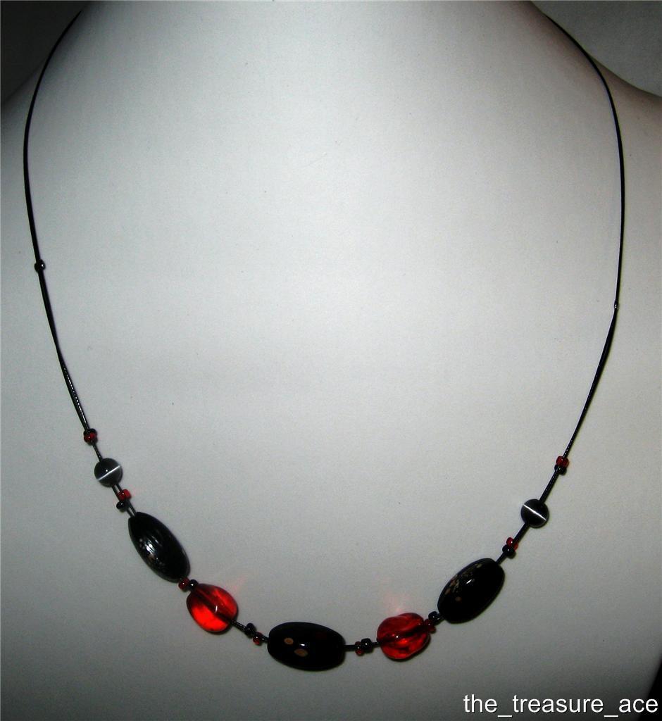 18″ Black Wire Necklace Black Red Gray Cats Eye Glass Beads ~N066 NWOT