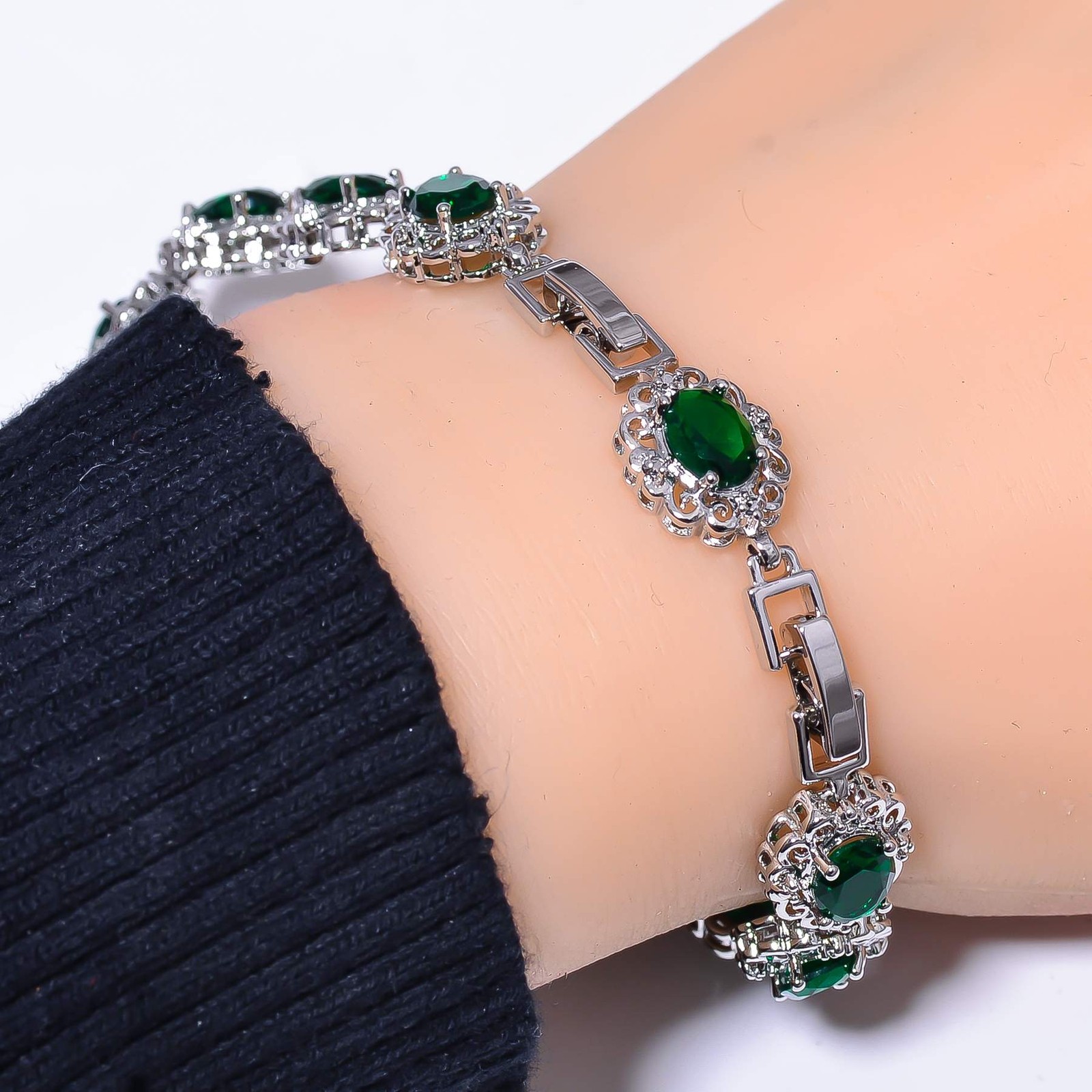 Tsavorite & Cubic Zirconia 925 Sterling Silver Tennis Bracelet 7.99″ B97337348