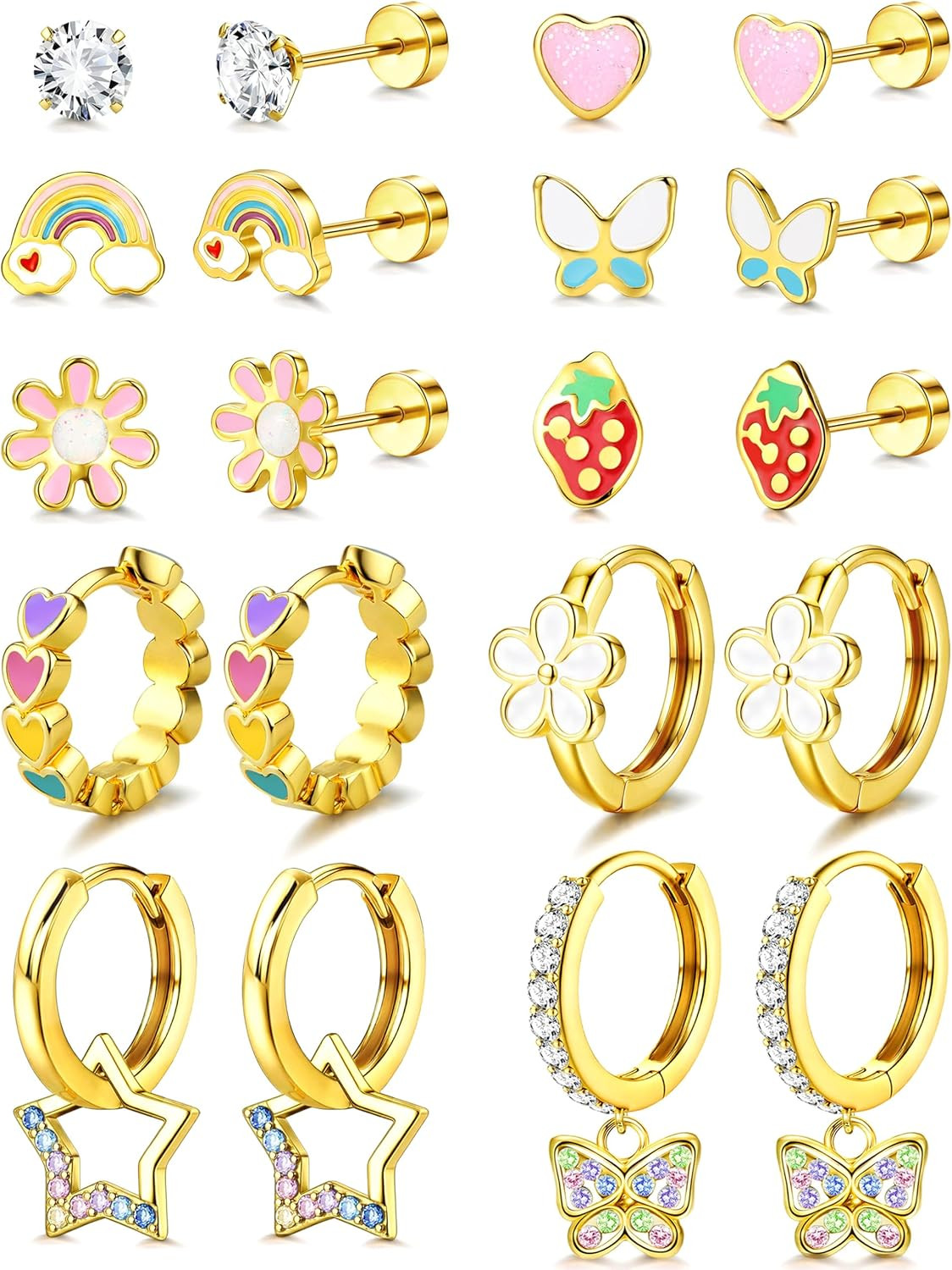 Hypoallergenic Flat Back Earrings Girls 14K Gold Surgical Steel Studs