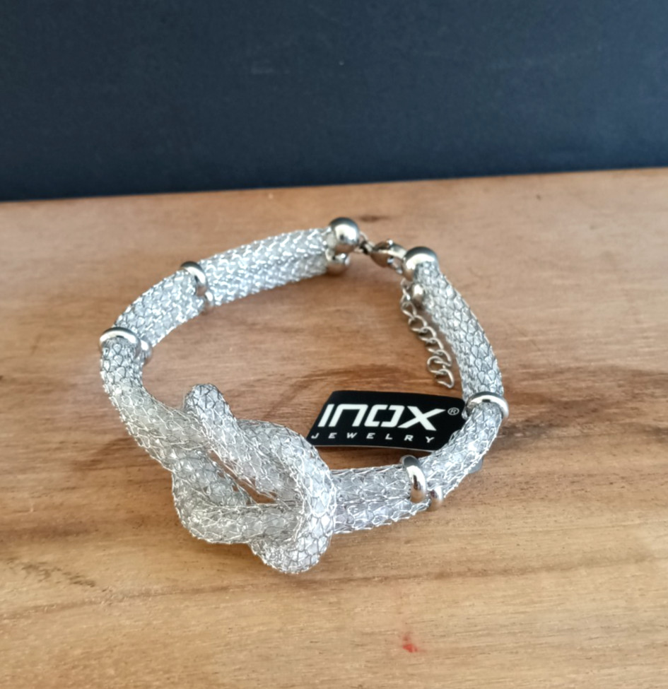 INOX Mesh Knot Bracelet Silver Tone Stainless Steel Modern Jewelry w/ Box NWT