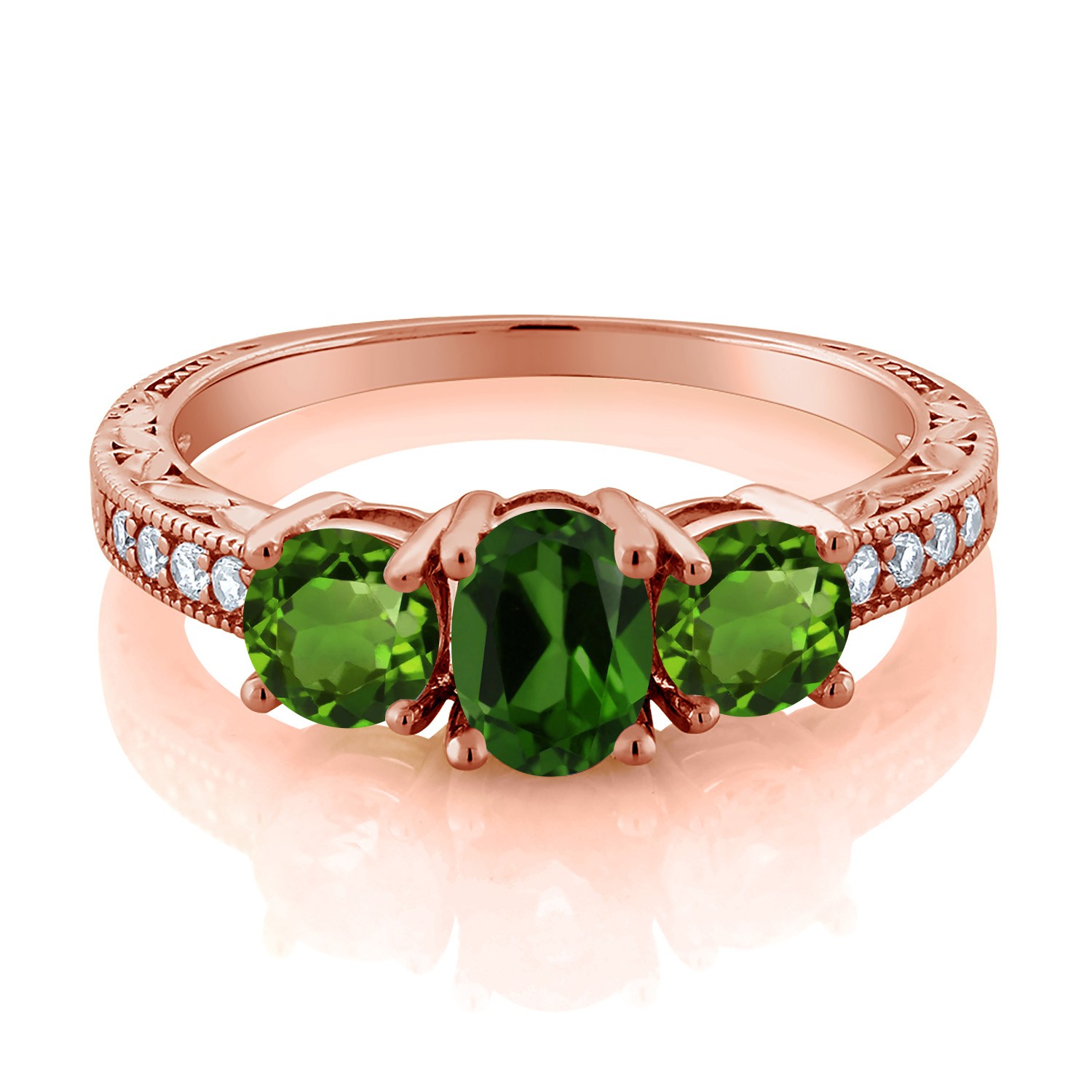 1.82 Ct Oval Green Chrome Diopside 18K Rose Gold Plated Silver Moissanite Ring