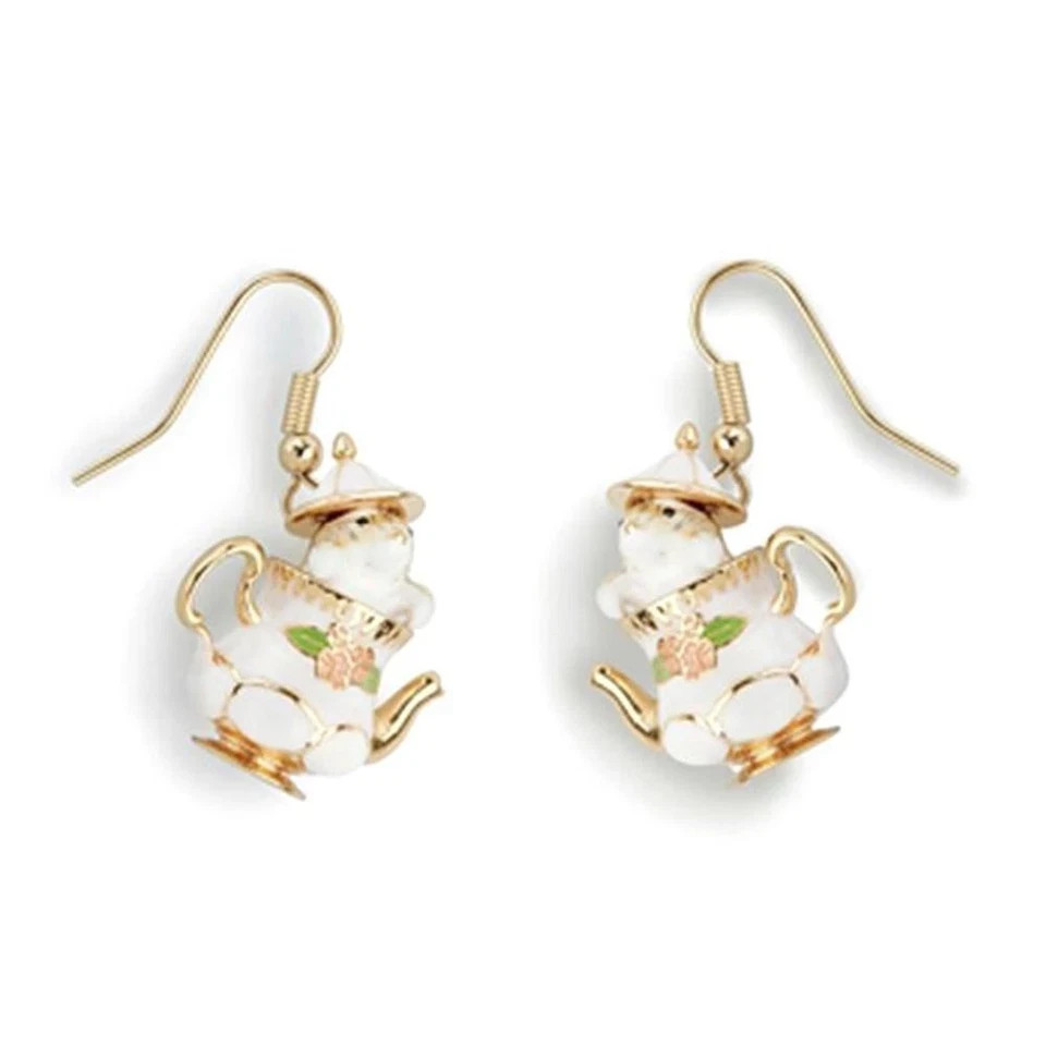 Mouse in Teapot Earrings – Whimsical Copper Novelty Earrings – Cute Tea Cup Dang