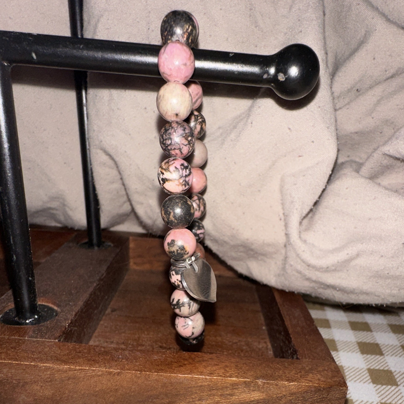 Multicolor Stone Beaded Stretch Bracelet Round Beads Mom Heart Dangle Charm