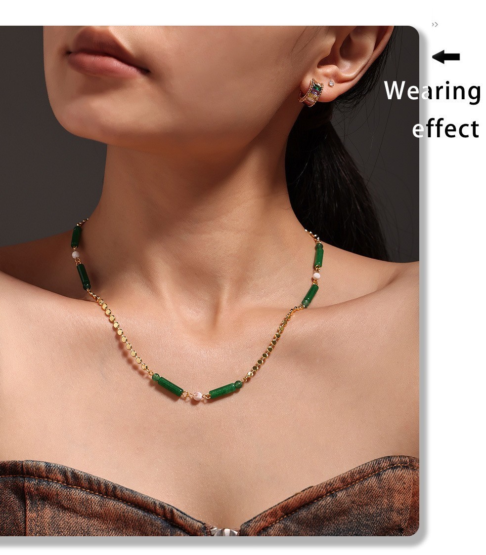 Stainless Steel Green Natural Stone Bamboo Bead Faux Pearl Necklace