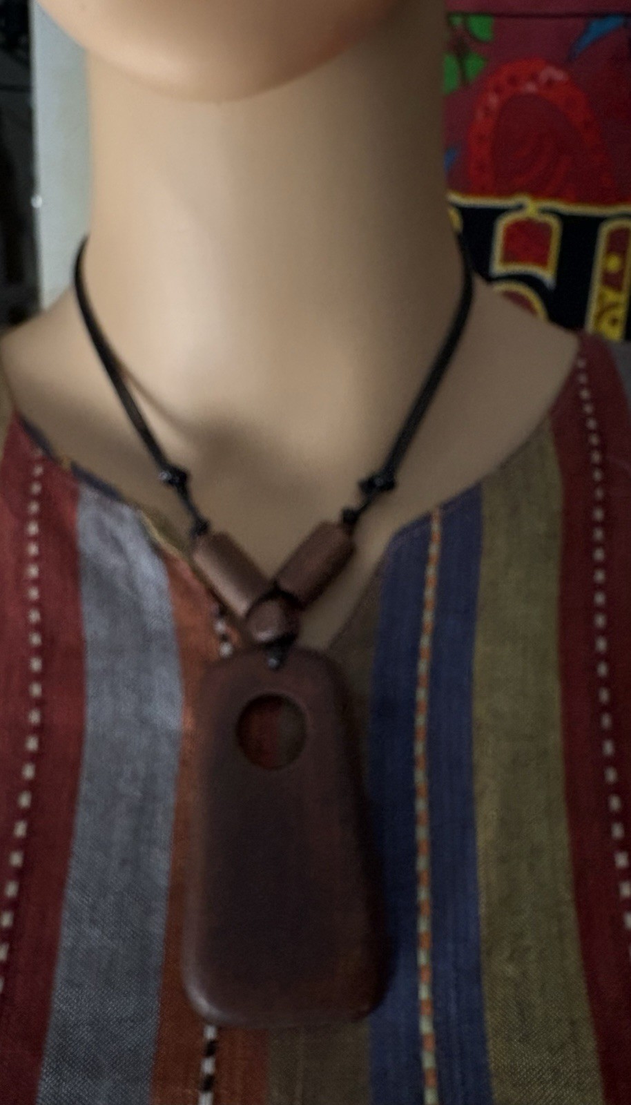 Wood Rectangle Amulet Pendant Black Cord Necklace Brown Adjustable Closure