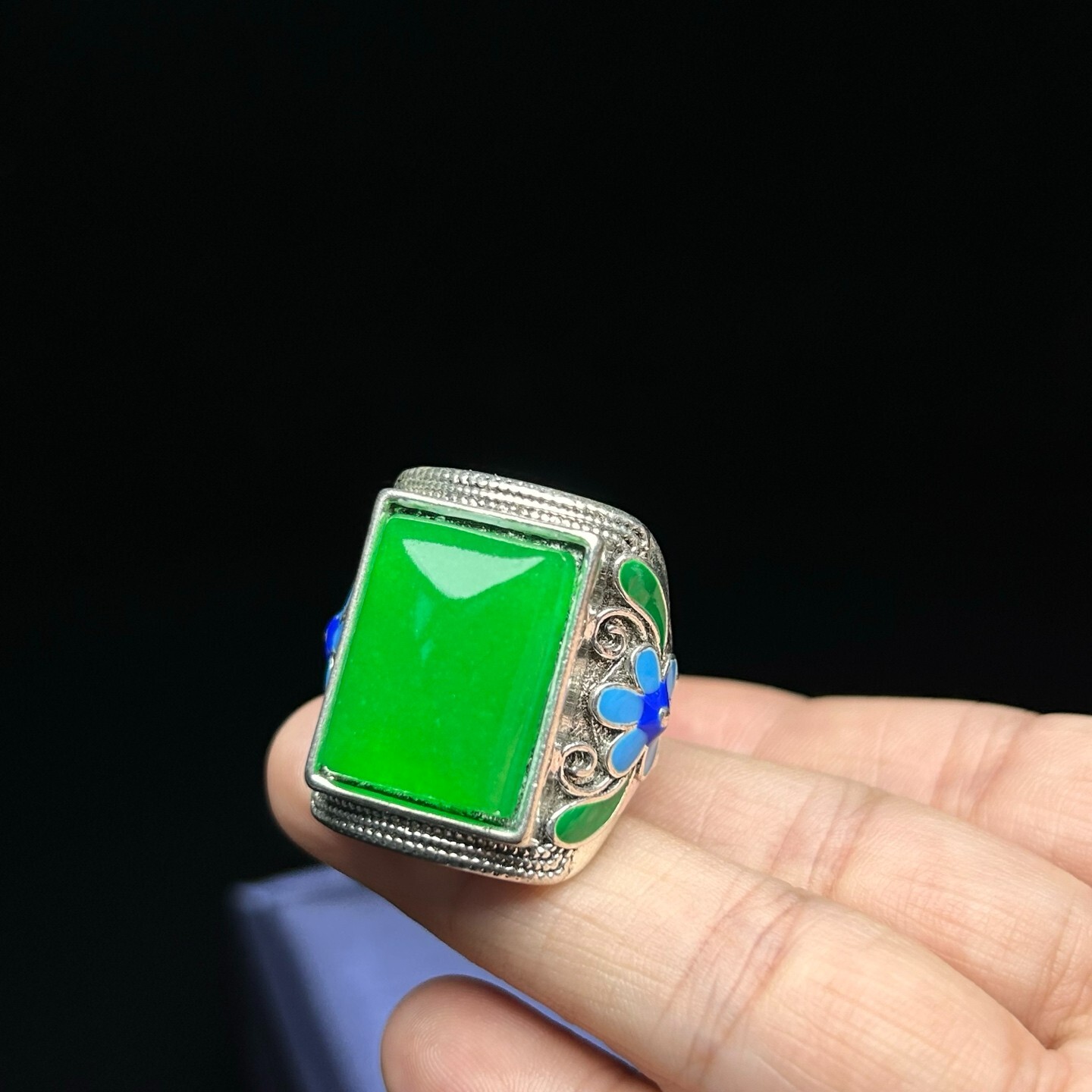 Certified Nature inlay ice green Burmese Jade Jadeite Amulet adjustable Rings