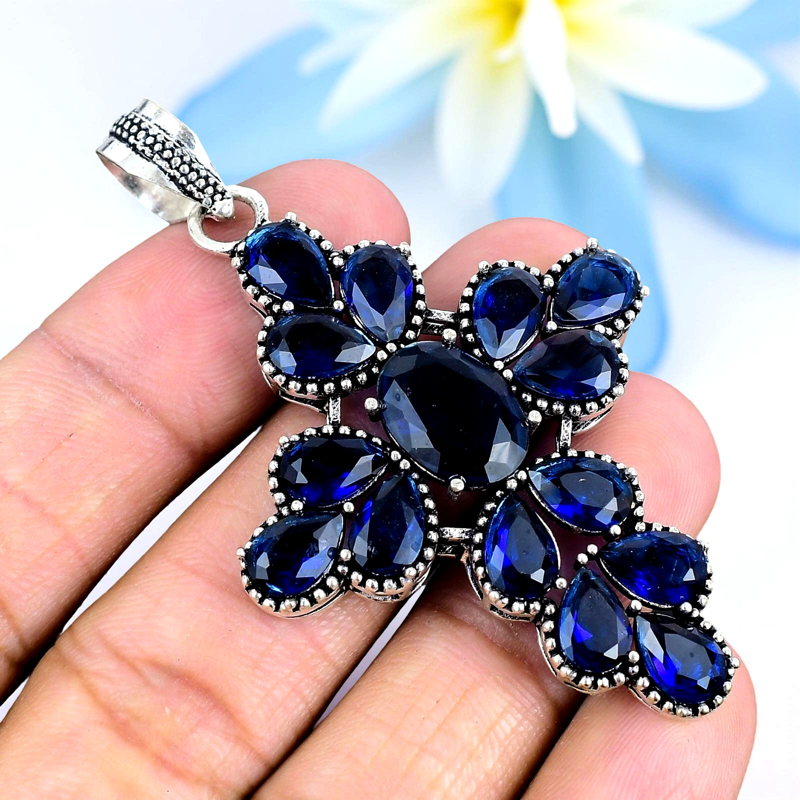 Sapphire (Lab-Created)Gemstone Handmade 925 Sterling Silver Jewelry Pendant 2.3″