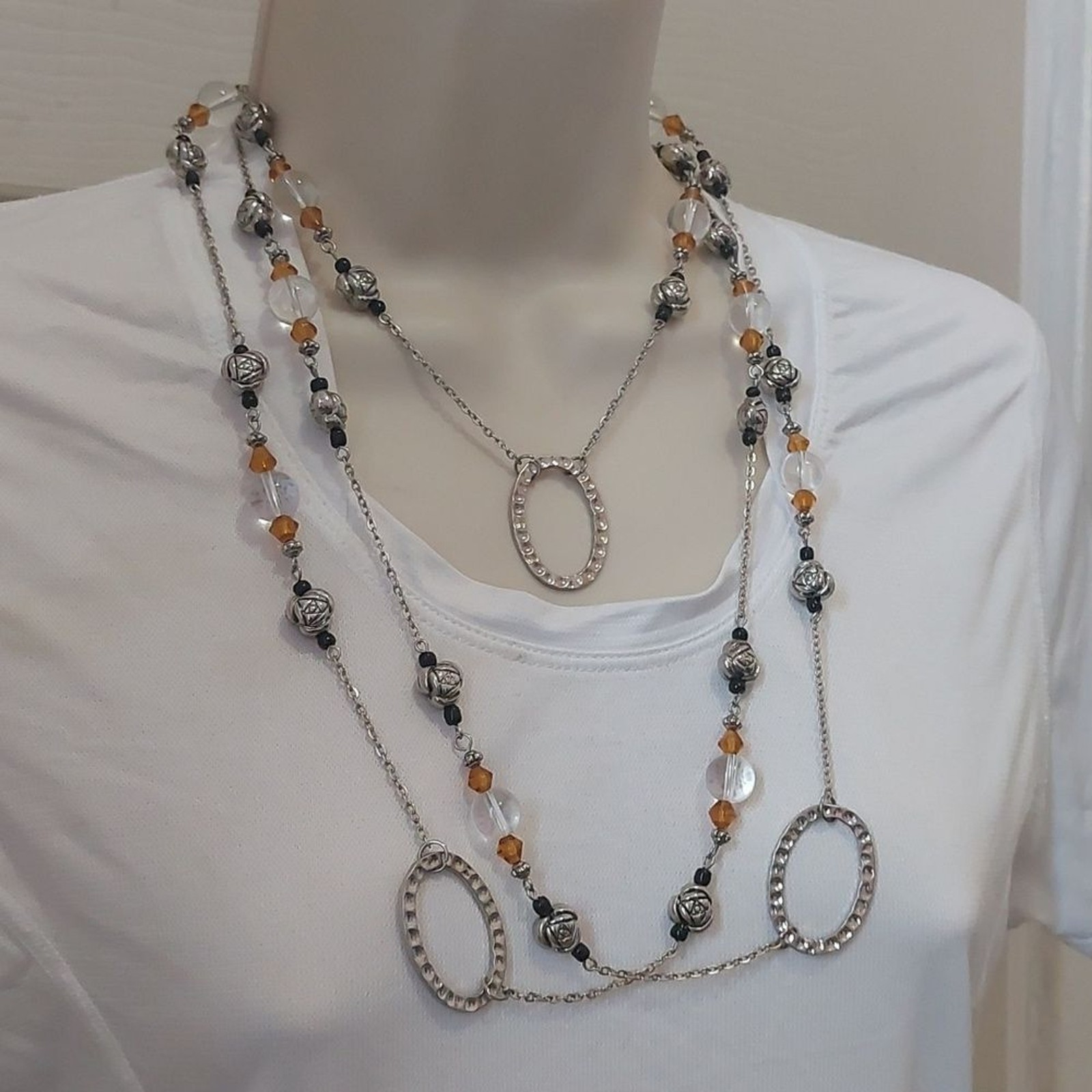 Station Style Extra Long Necklace with Lucite Plastic and Silver Tone Metal
