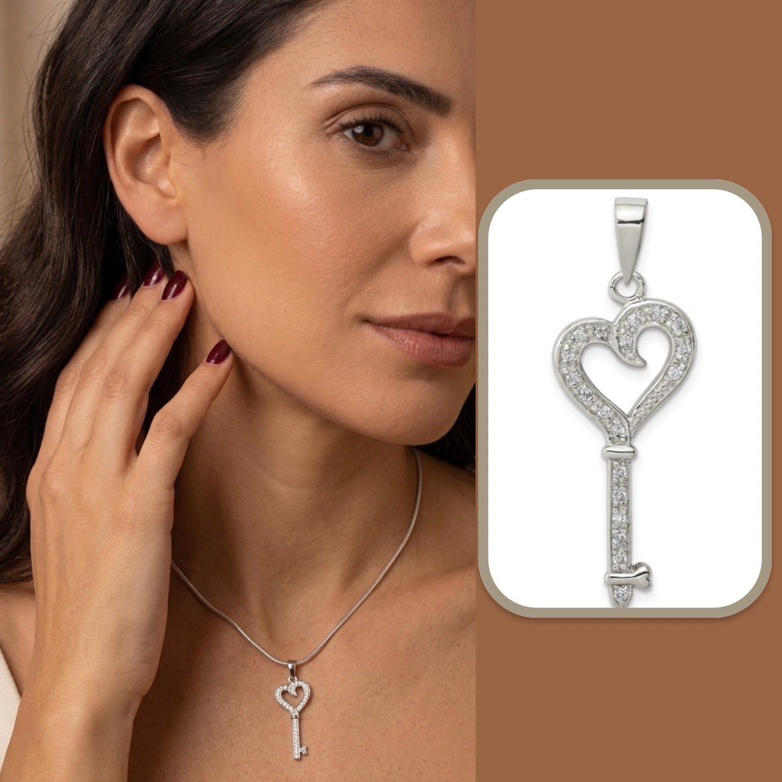 925 Sterling Silver Heart Key Pavé CZ w/Monet Silver Tone Snake Chain Necklace