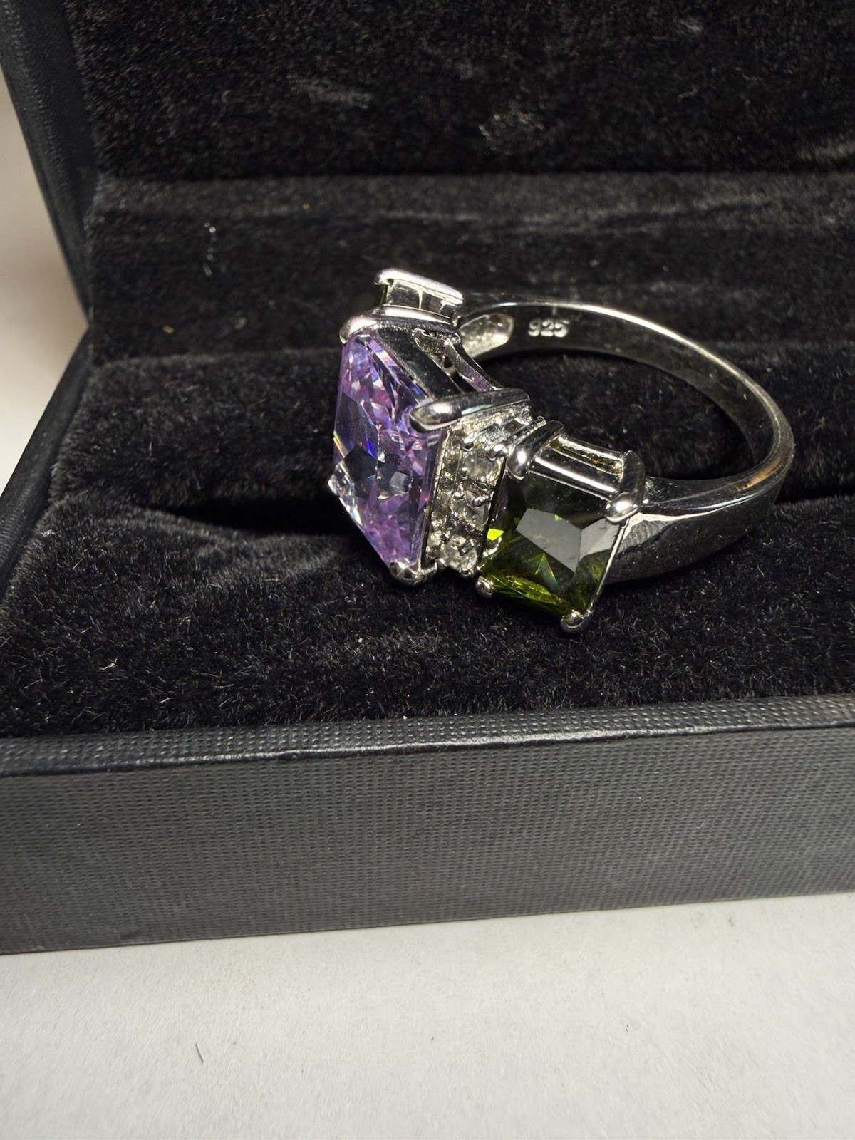 925 Sterling Silver Cocktail Ring Purple Square Center Stone Green Sides Sz 10