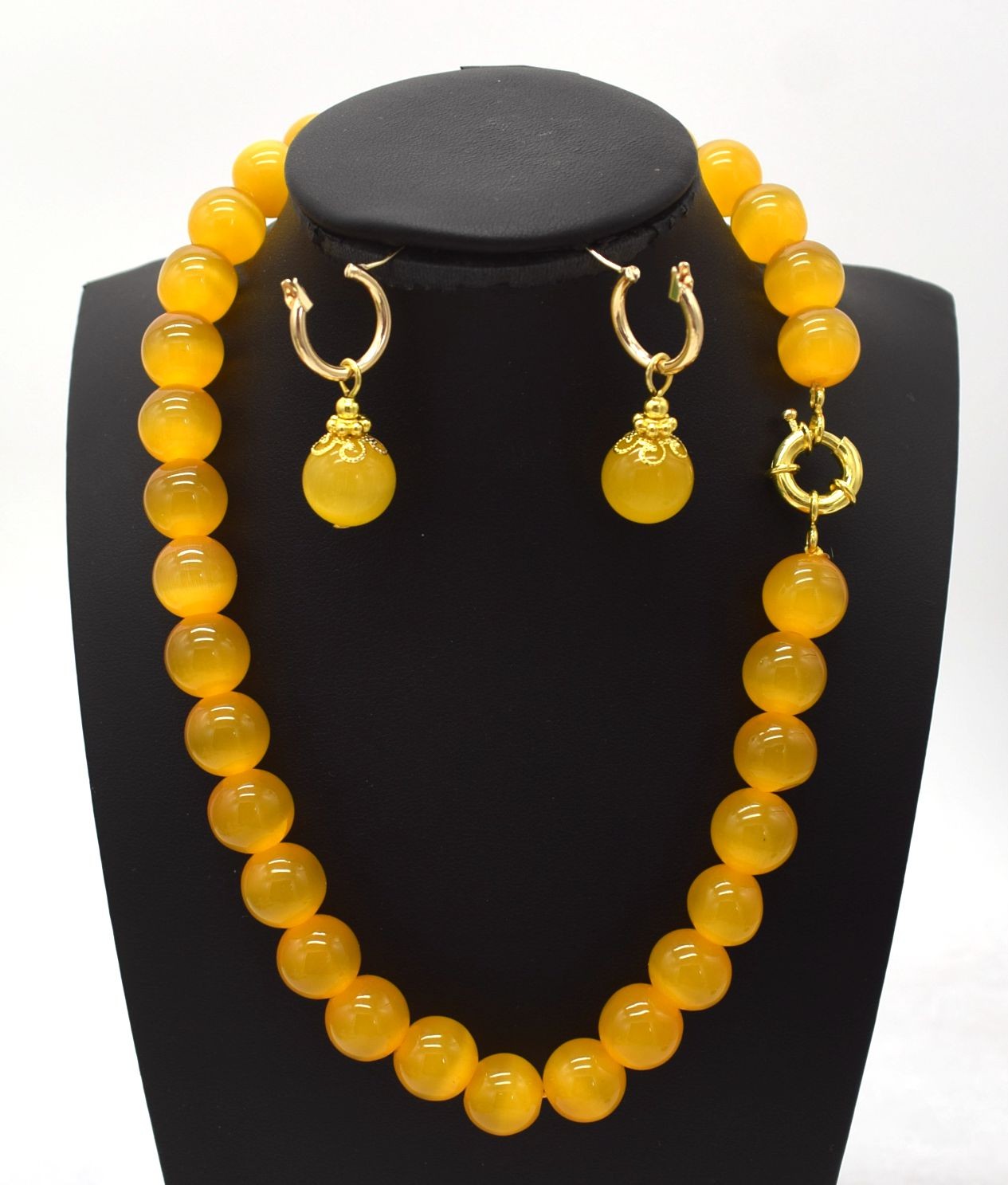 Huge Natural 12mm Yellow Cat’s Eye Gemstone Round Bead Necklace Earring Set 18in
