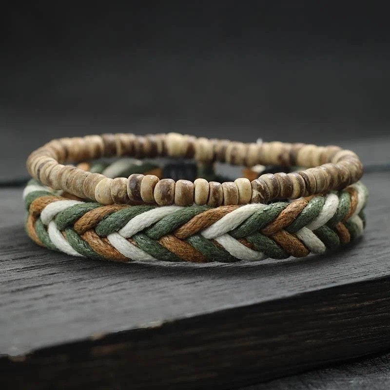 Coconut Wood & Tiger Eye Stone Beaded Bracelet Set Handmade Rope Men