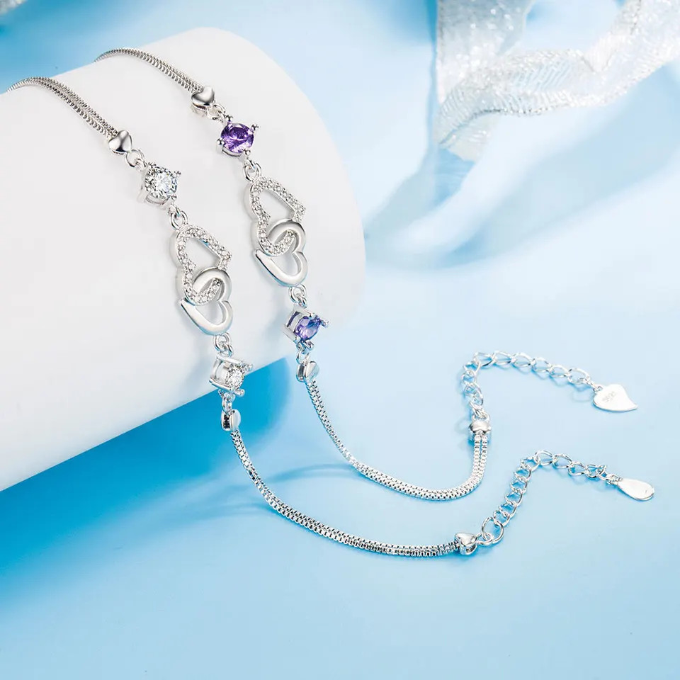 925 Sterling Silver Bracelets Amethyst Heart Bracelet Inlaid Zircon Chain