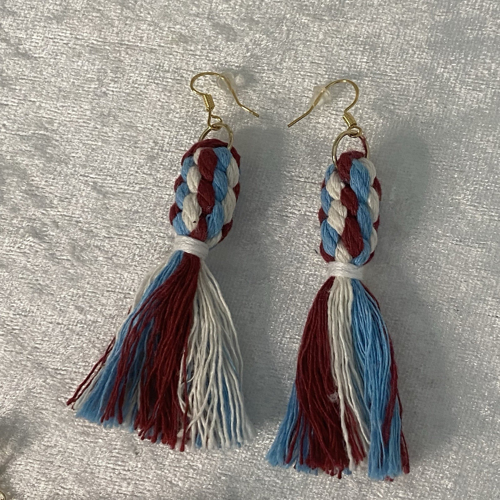 Tassel Earrings Macrame Triangle Wood Pink Gold Tone Floral Cross Stitch Patriot